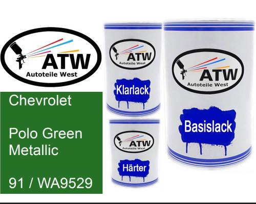 Chevrolet, Polo Green Metallic, 91 / WA9529: 500ml Lackdose + 500ml Klarlack + 250ml Härter - Set, von ATW Autoteile West.